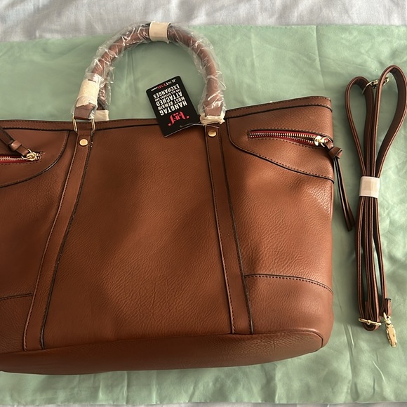 JustFab Large Tote. Cognac Color With Black And White Striped Interior - Picture 7 of 7